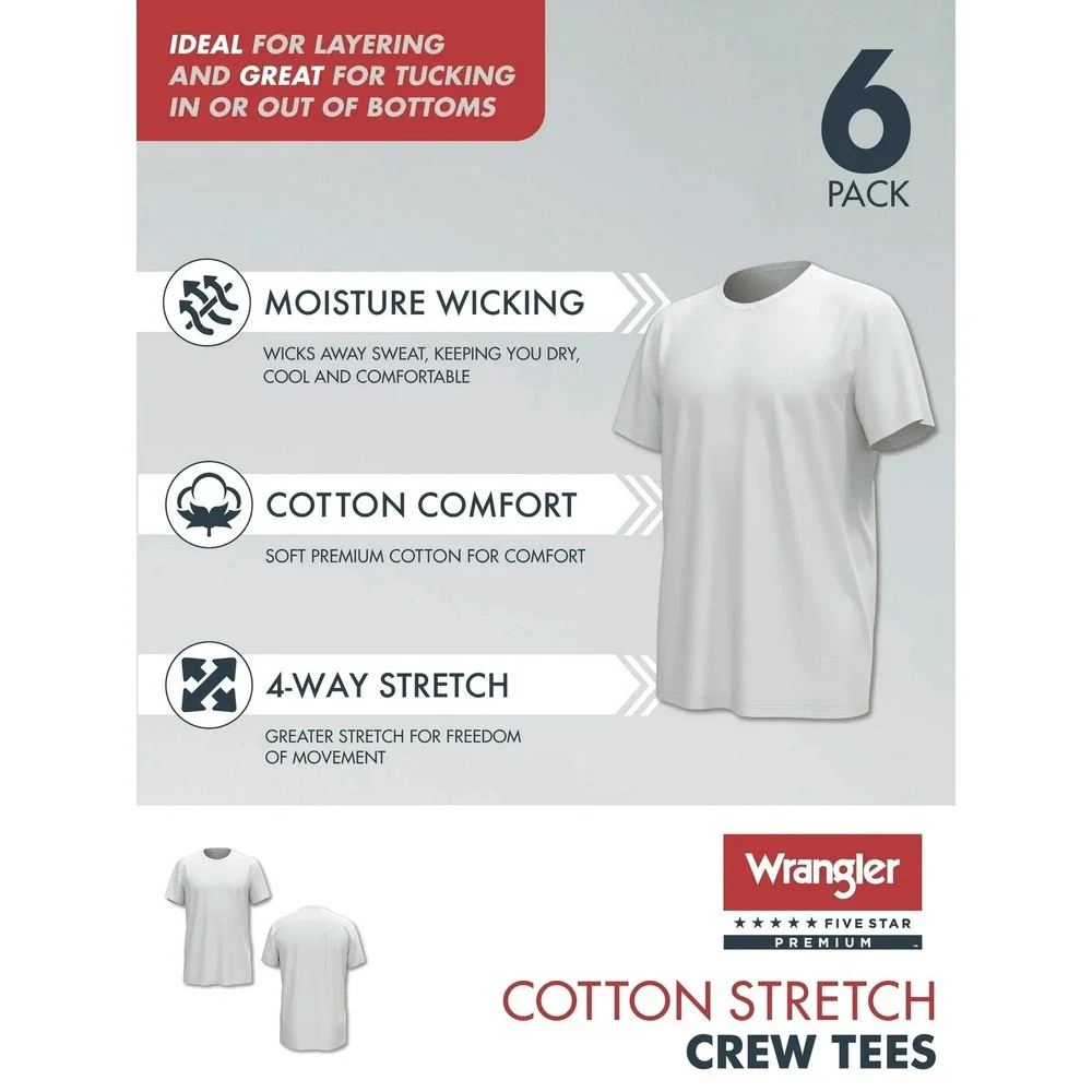 Wrangler Five Star Premium Men Cotton Stretch Crew‎ Tees White 6 Pack Small New